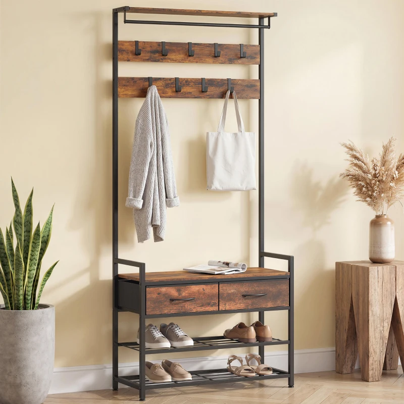 HOMCOM Appendiabiti con panca portascarpe e ganci, stile industriale, Marrone rustico
