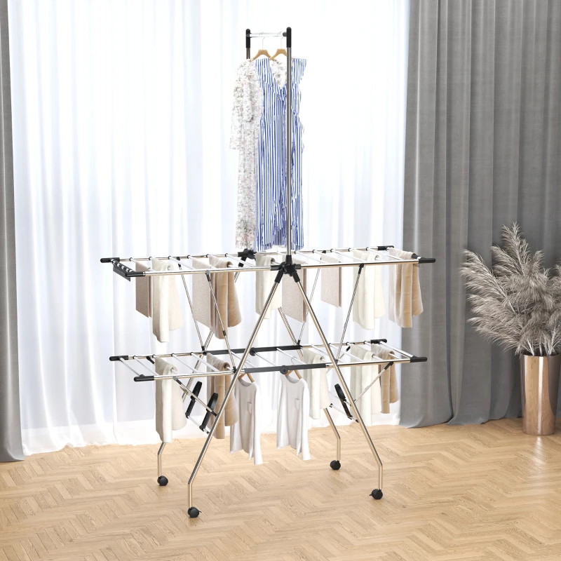 HOMCOM Uscător de rufe cu suport pliabil și roți, spațiu mare de uscare, oțel inoxidabil 138,5 x 63 x 208 cm argintiu negru