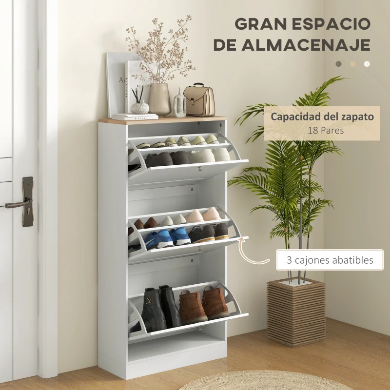 HOMCOM Mueble Zapatero Moderno con 3 Cajones Abatibles y Estantes Ajustables para 18 Pares de Zapatos 60x23,5x115 cm Blanco