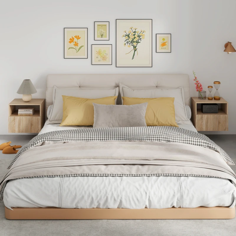 HOMCOM Mesita de noche, diseño sin tiradores, compartimento abierto, cajón, montaje en pared, marrón claro