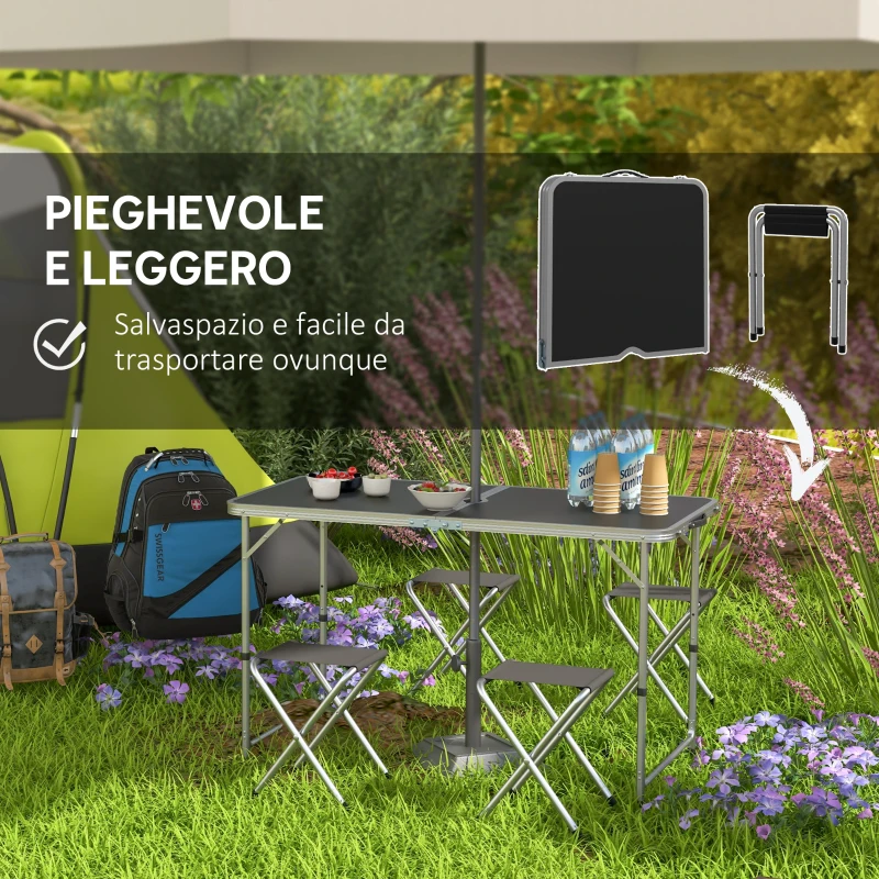 Outsunny Set Tavolo da Campeggio Pieghevole e Regolabile con 4 Sedie e Foro per Ombrellone, in Alluminio e Legno, Nero