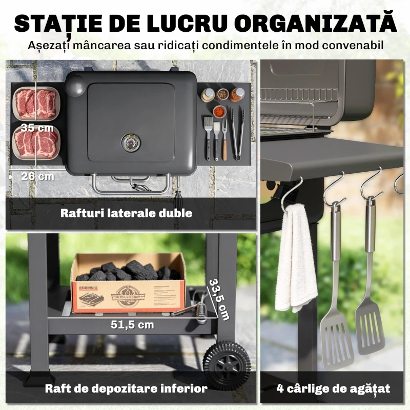 Outsunny Grătar pe Cărbune, Grătar Afumătoare cu Roți pentru Exterior, Negru