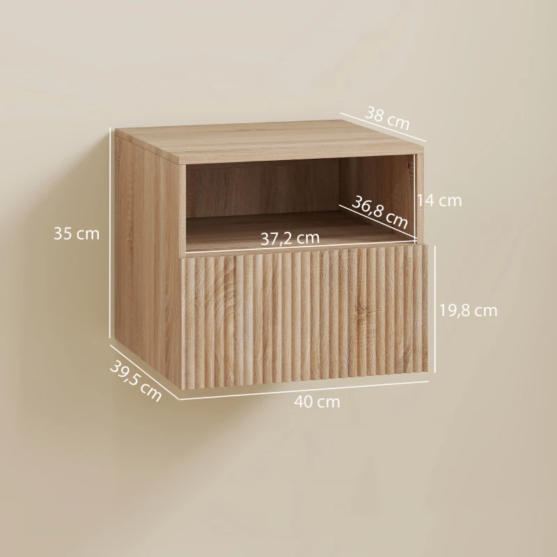 HOMCOM Mesita de noche, diseño sin tiradores, compartimento abierto, cajón, montaje en pared, marrón claro
