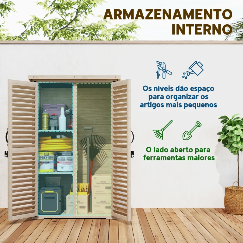 Outsunny Armário de Jardim de Madeira 75x50x118 cm Armário para Ferramentas com 2 Portas de Persiana 2 Estantes Madeira