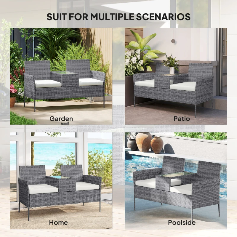 Outsunny Two-Seat Rattan Chair, with Middle Table - Grey