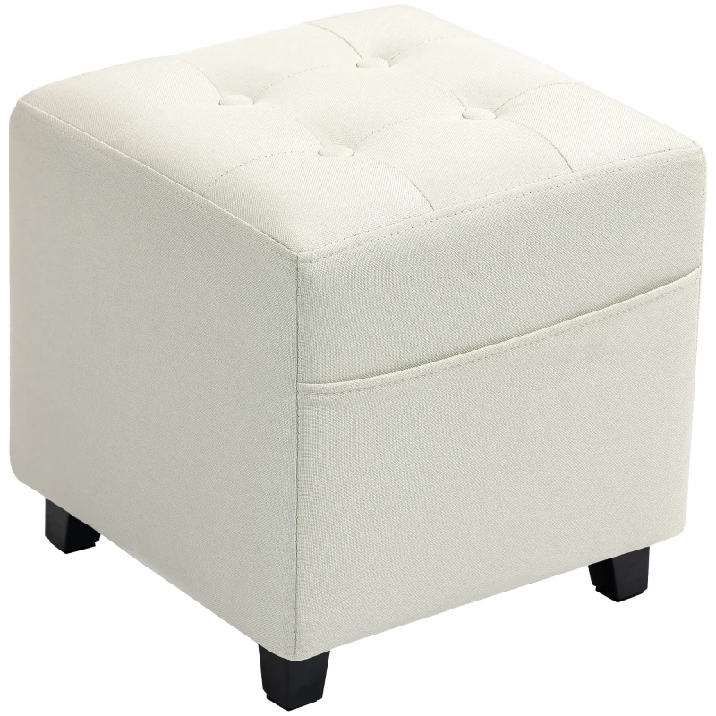 HOMCOM Fußhocker für Wohnzimmer, Ottoman, gepolsterter Sitz mit Steppung in Leinenoptik mit Seitentasche, 35 x 35 x 35 cm, Creme