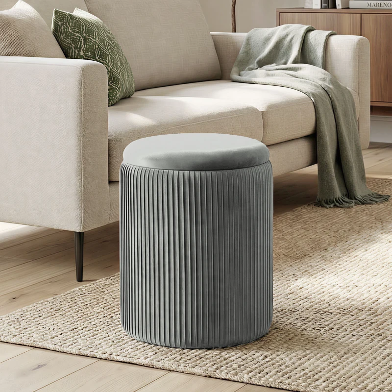 HOMCOM Storage Ottoman Modern Velvet Round Foot Stool for Living Room Bedroom 45 cm Grey