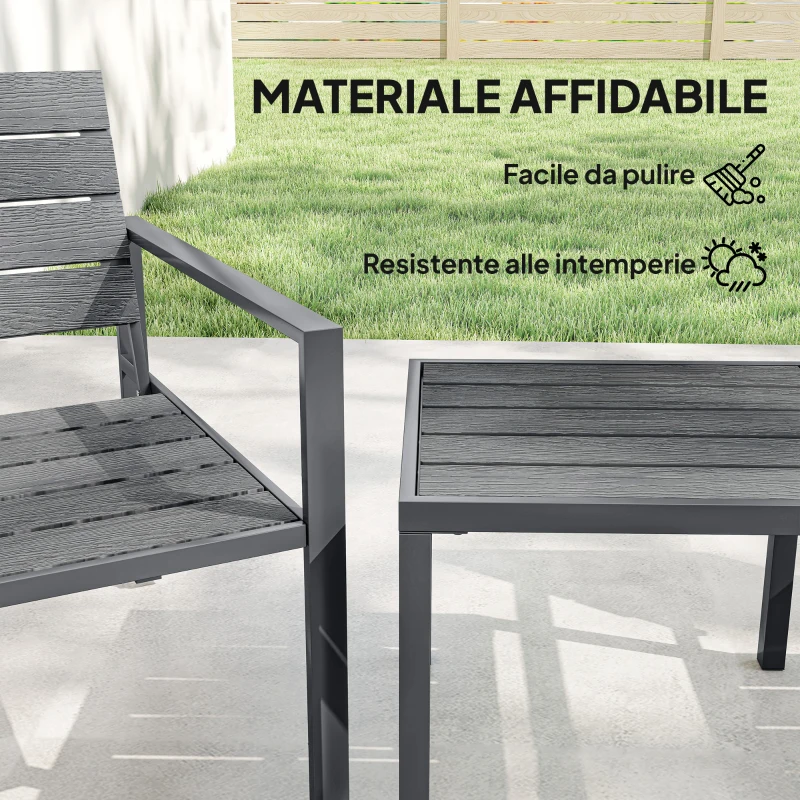 Outsunny Set da Giardino 3pz con 2 Sedie da Esterno e Tavolino da Caffè, in HDPE e Metallo, Grigio Scuro