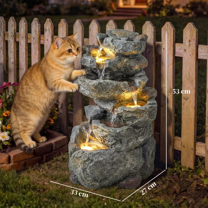 Outsunny Outdoor Water Fountain with 6-Tier Rock Style, Cascading Waterfall Feature with LED Lights, Adjustable Flow, Grey