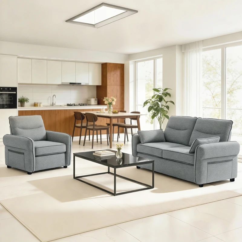 HOMCOM Canapea 2 locuri, canapea de living din velur egiptean, 2 perne incluse, buzunar lateral, 136 x 81 x 90 cm, gri