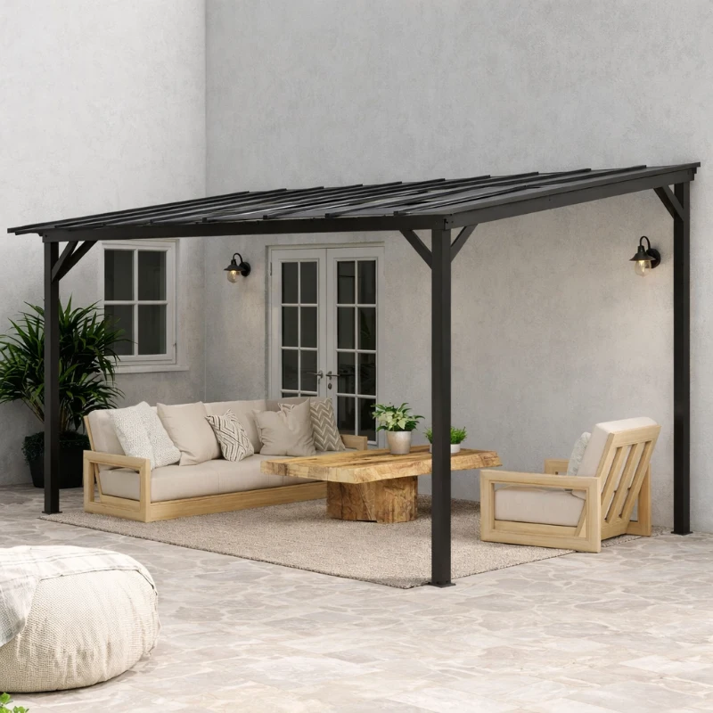 Outsunny 3 x 4.3 m Lean to Pergola with UPF 50+ Waterproof Polycarbonate Roof, Wall-Mounted or Free Standing Hardtop Roof Garden Metal Pergola Gazebo, Heavy Duty Outdoor Sun Shade, Dark Grey