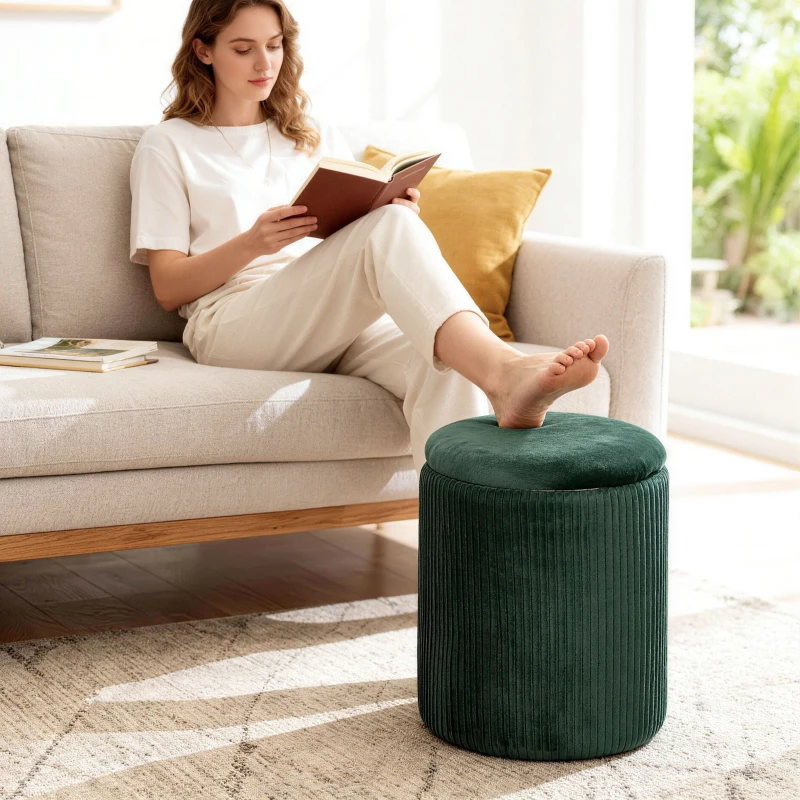 HOMCOM Storage Ottoman Modern Velvet Round Foot Stool for Living Room Bedroom 45 cm Dark Green