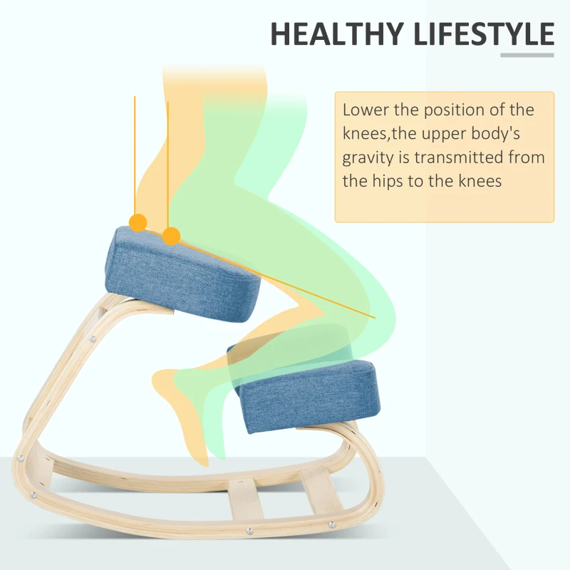 Vinsetto Kniestuhl, ergonomischer Sitzhocker, Polsterhocker für gesunde Sitzhaltung, Birkenholz, 120 kg belastbar, Blau