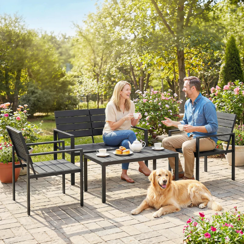 Outsunny Salotto da Giardino 4 pz con Tavolino da Caffè, Divanetto 2 Posti e 2 Sedie, in HDPE e Metallo Nero