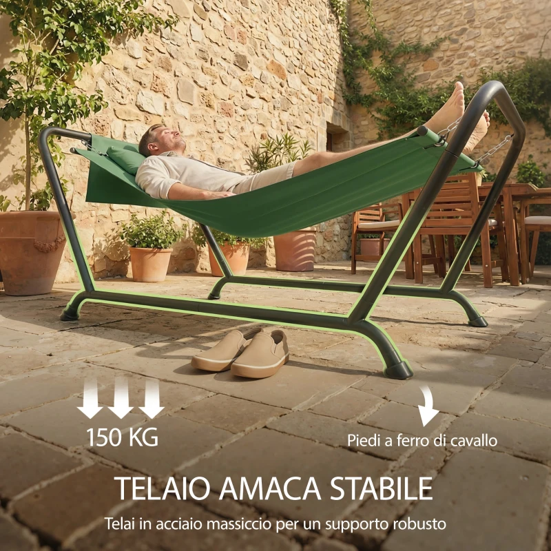 Outsunny Amaca da Giardino con Supporto, Tasca Laterale e Poggiatesta, in Metallo e Poliestere, 237x90x92 cm, Verde Scuro
