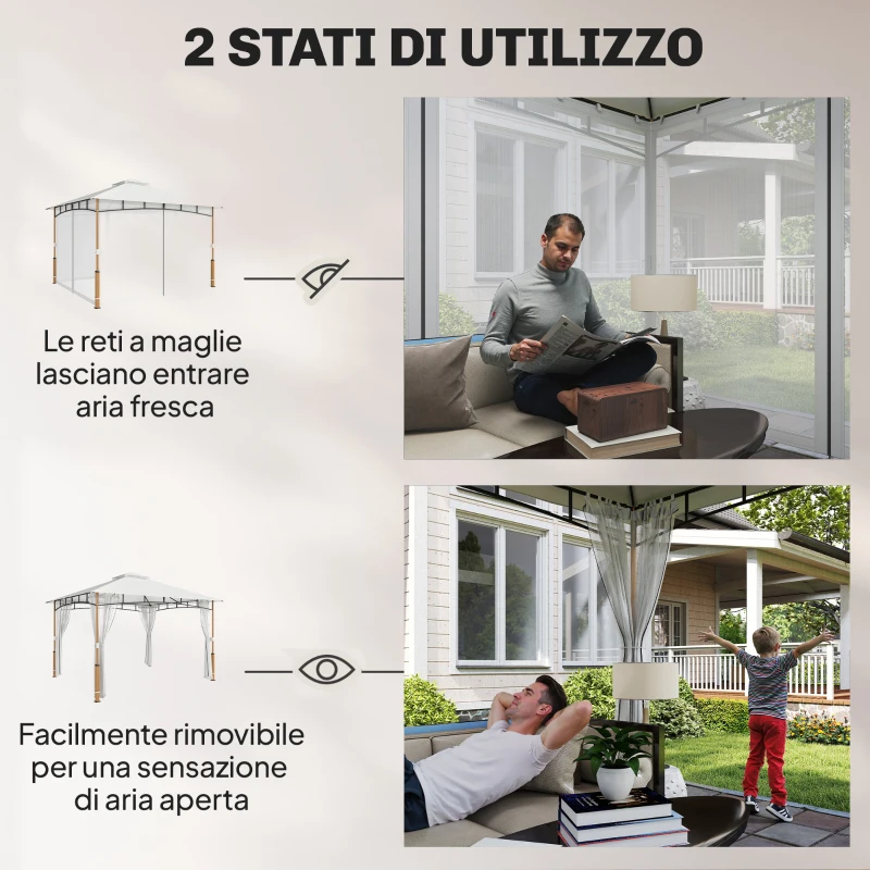 Outsunny Gazebo da Giardino 3 x 3,6 m con Tetto Doppio UPF50+ e Zanzariera, Crema