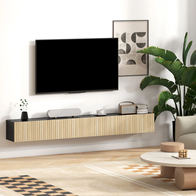 HOMCOM Mueble TV suspendido 140 cm, mueble para televisor 182,88 cm, 2 puertas abatibles, 140x25x22 cm, madera natural y negro