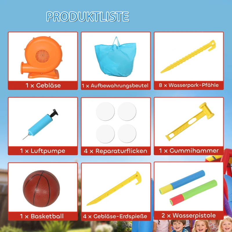 AIYAPLAY Hüpfburg Aufblasbar Spielcenter mit Gebläse Rutsche Trampolin Planschbecken/Bällebad Wasserpistole 364x173x182 cm Blau