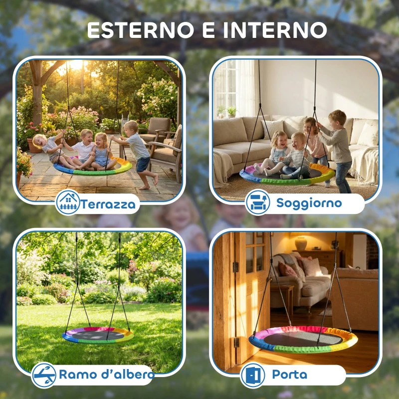 AIYAPLAY Altalena Nido per Bambini 3-8 Anni con Corde e Cinghie, in PE e Tessuto Oxford, 120x120x180 cm, Multicolore