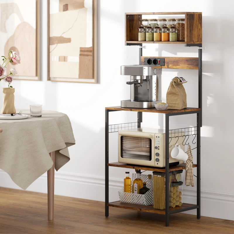 HOMCOM Estantería de cocina, estantería de pie con 5 ganchos en S, 5 estantes, enchufe, de acero, Marrón-rústico, 60 x 42 x 153 cm