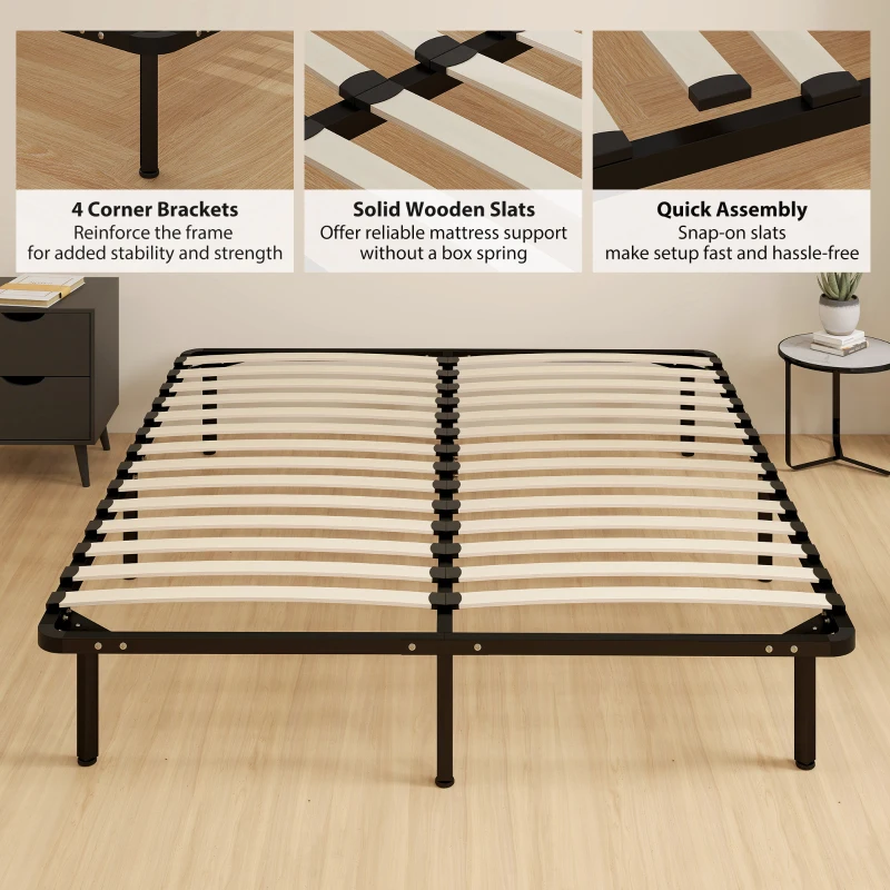 HOMCOM Pat Dublu Industrial cu 28 de Lamele și Spațiu de Depozitare, din Lemn și Oțel, 190x160x31 cm, Negru și Lemn