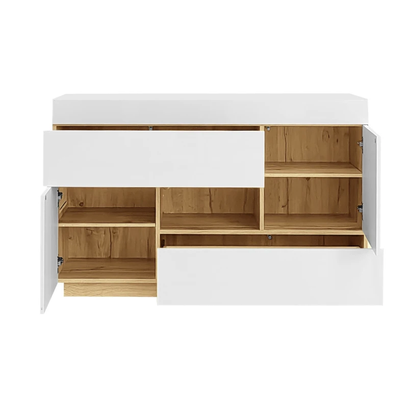 Credenza moderna con illuminazione a LED, vetrina e cassetti, 120x37x76.5 cm, Bianco