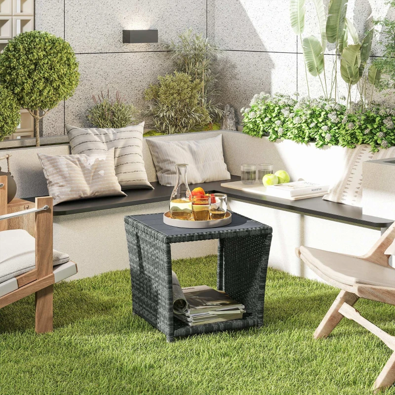 Outsunny Side Table 2-Tier Outdoor Coffee Table with Storage Shelf PS Wood Slat Top/Grey