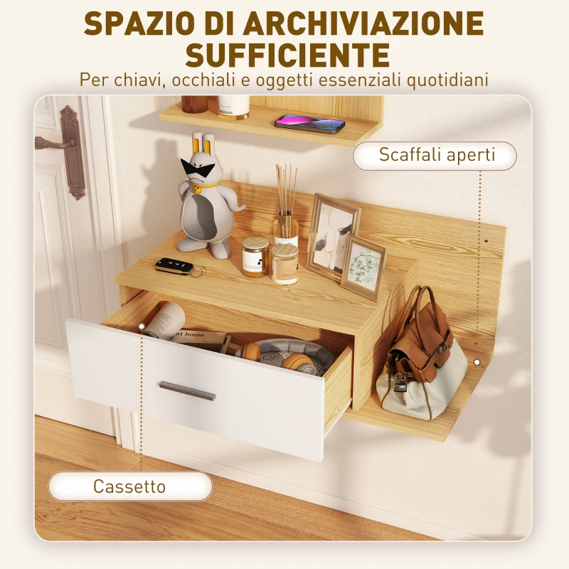HOMCOM Set da Ingresso con Specchio con Mensola e Mobiletto a Parete con Cassetto e 2 Ripiani Aperti, in Legno e Vetro