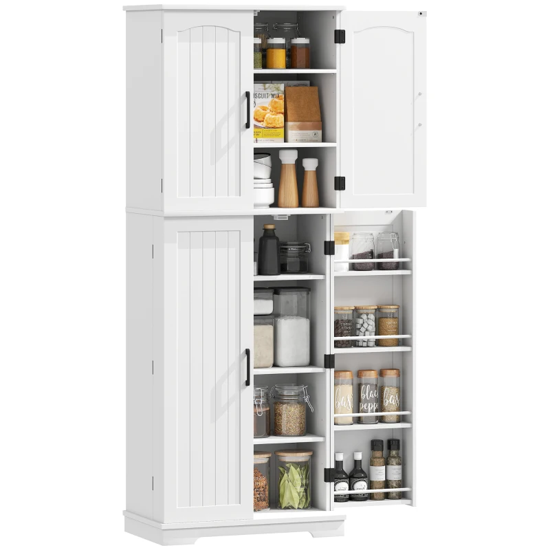HOMCOM Aparador alto de cocina, armario de cocina, 4 puertas, 10 nichos, 8 porta-especias y estantes ajustables, 60x35x162cm, blanco
