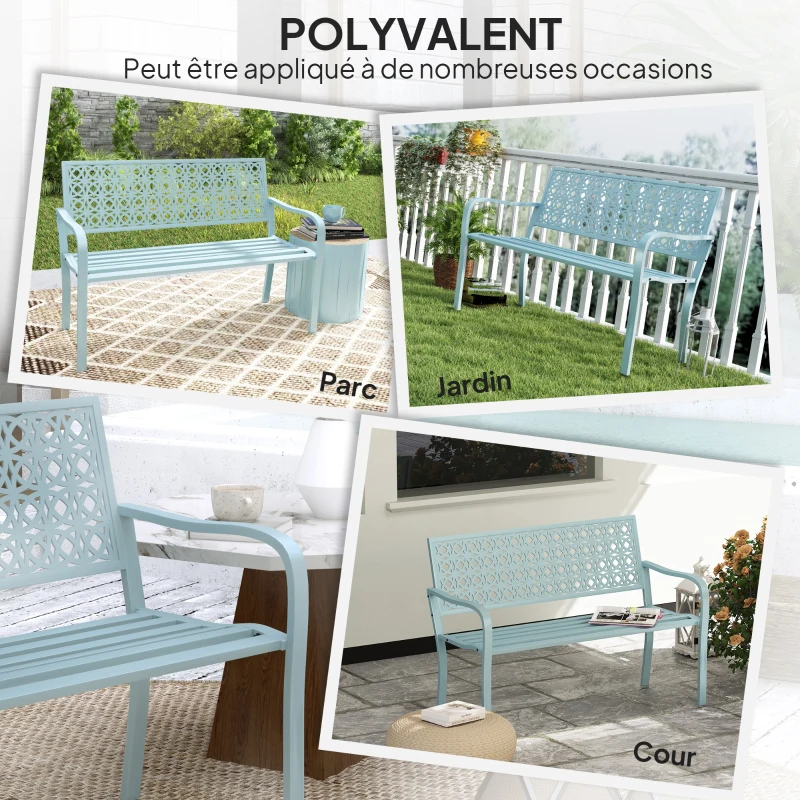 Outsunny Banc de jardin 2 places, banc extérieur jardin en acier avec dossier ajouré, 127 x 63 x 85 cm, bleu