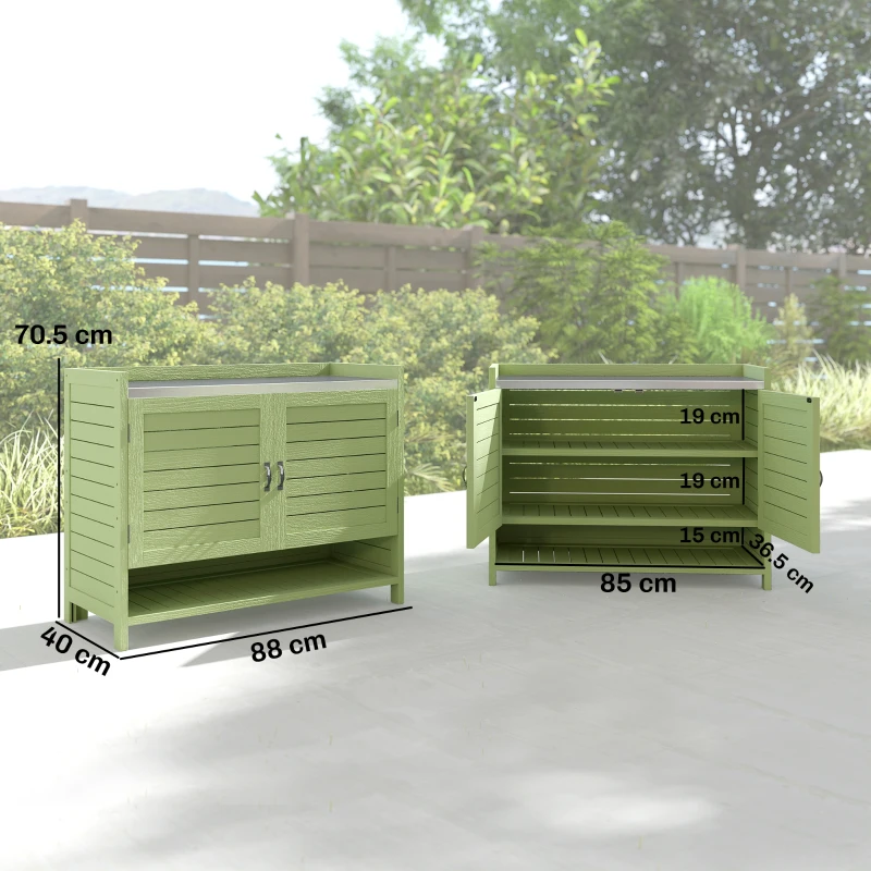 Outsunny Masă de plantat cu dulap inferior din lemn - dulap de grădină pentru exterior cu blat galvanizat, 3 rafturi, 88x40x70,5 cm, Verde