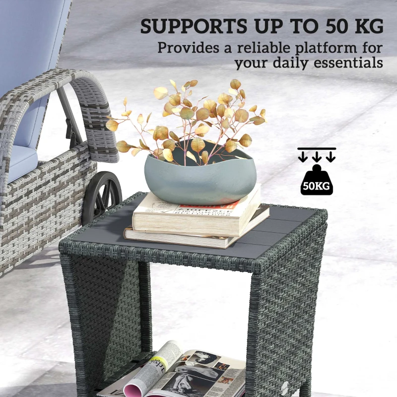 Outsunny Side Table 2-Tier Outdoor Coffee Table with Storage Shelf PS Wood Slat Top/Grey