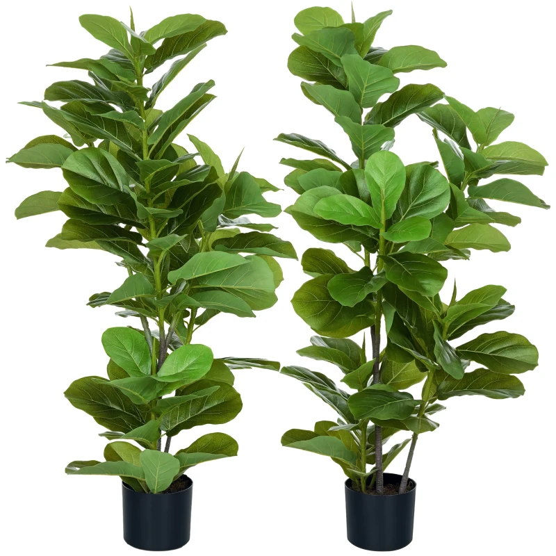 HOMCOM, Set de 2 plante artificiale Ficus Lyrata, arbori artificiali cu ghiveci inclus, înălțime 110 cm, verde