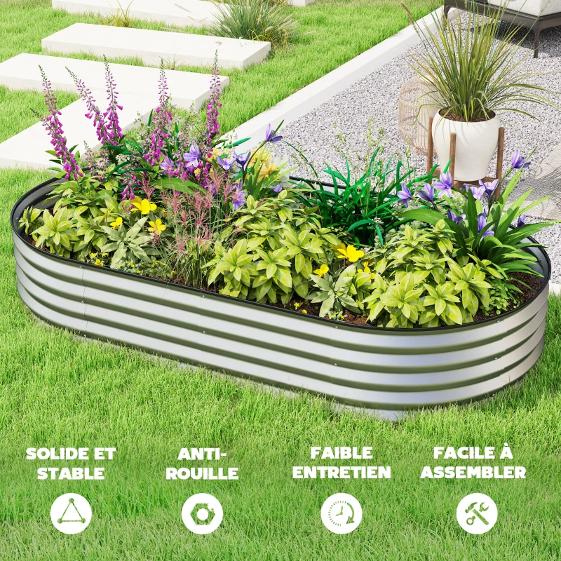 Outsunny Jardinière surélevée galvanisée en acier lit de jardin bordure caoutchouc 181 x 93 x 30 cm argent