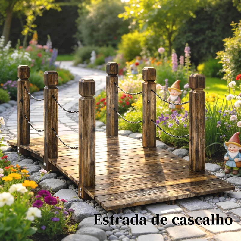 Outsunny Ponte de Jardim de Madeira 1,51 m Ponte Decorativa para Lagos Rústica com Corrimões de Segurança Carbonizada