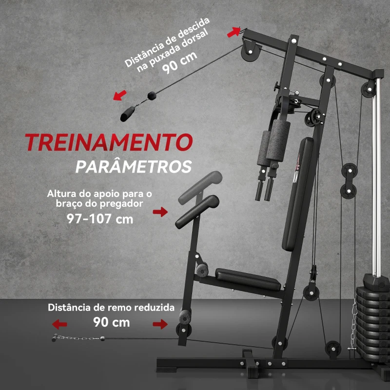 HOMCOM Máquina de Musculação com Pesos Ajustáveis de 45 kg, Press de Peito e Pernas, Polia 135x103x210 cm, Preto