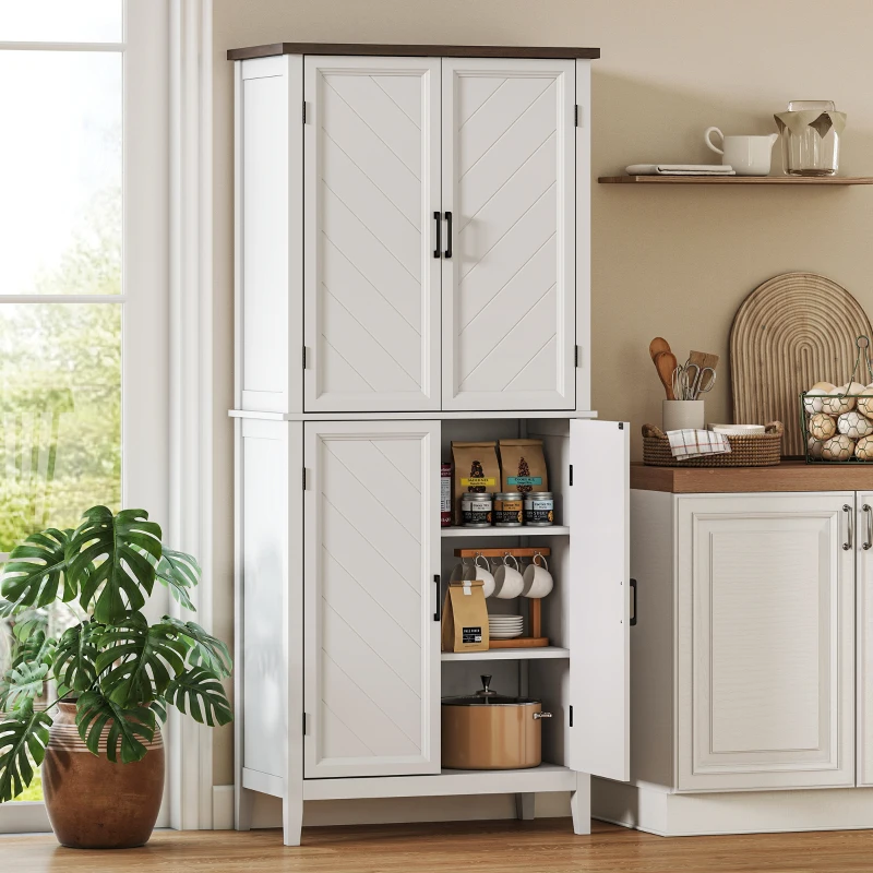 HOMCOM Credenza Alta Cucina 6 Livelli, Armadio da Cucina con 4 Ante a Spina di Pesce e 4 Ripiani Regolabili, 76x40x178,5 cm, Bianco
