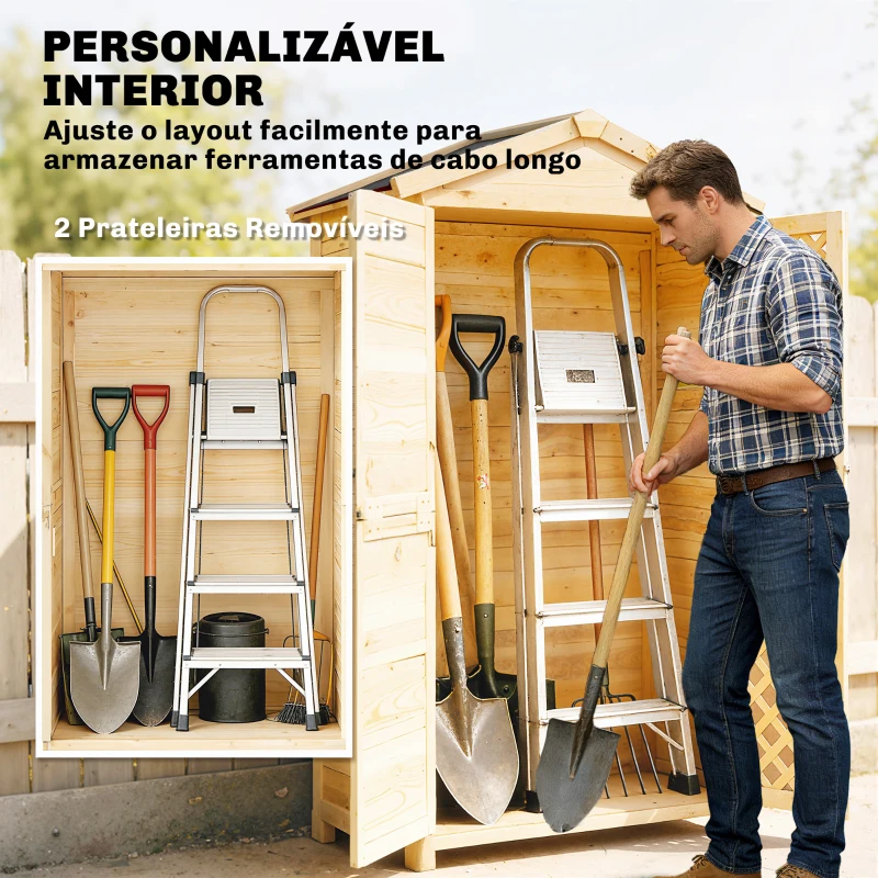 Outsunny Armário Exterior de Madeira com Telhado Inclinado em Asfalto 2 Portas com Fecho e 2 Prateleiras 101,5x49x176 cm Madeira