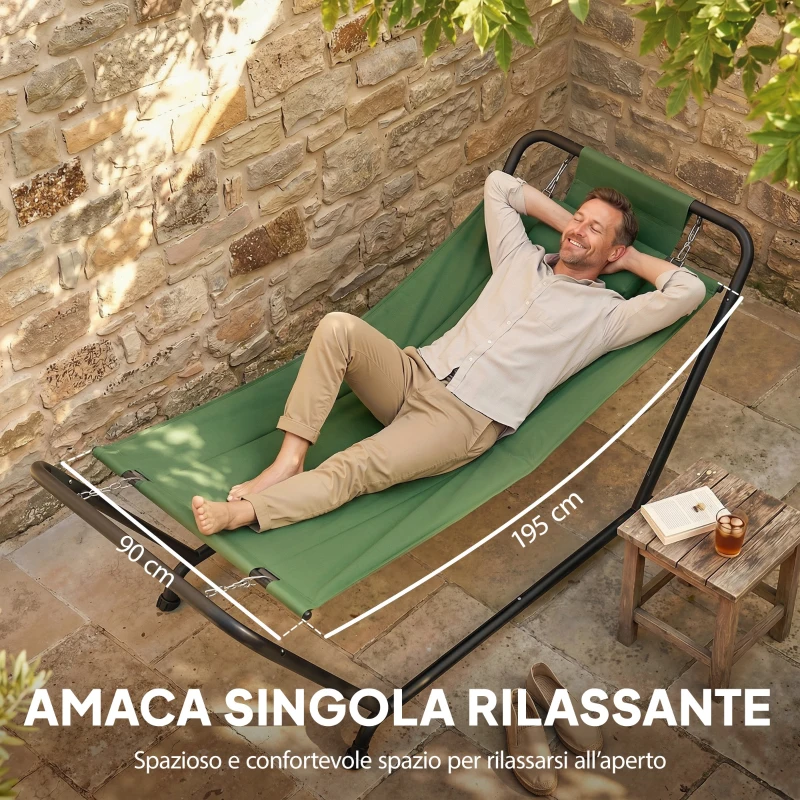 Outsunny Amaca da Giardino con Supporto, Tasca Laterale e Poggiatesta, in Metallo e Poliestere, 237x90x92 cm, Verde Scuro