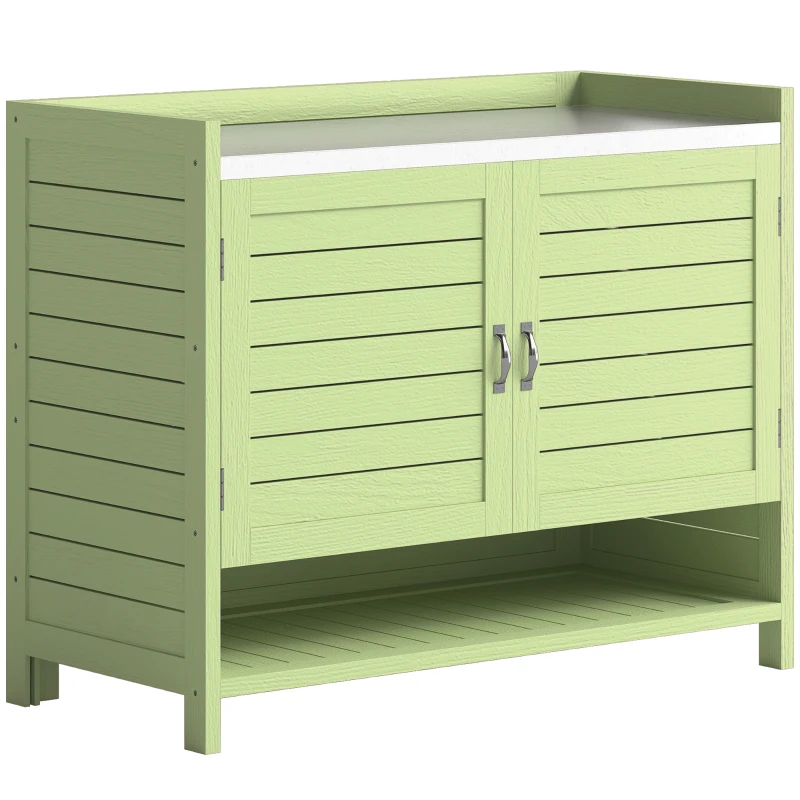 Outsunny Table de rempotage avec armoire inférieure en bois Armoire de jardin extérieure avec plateau galvanisé 3 étagères 88x40x70,5cm Vert