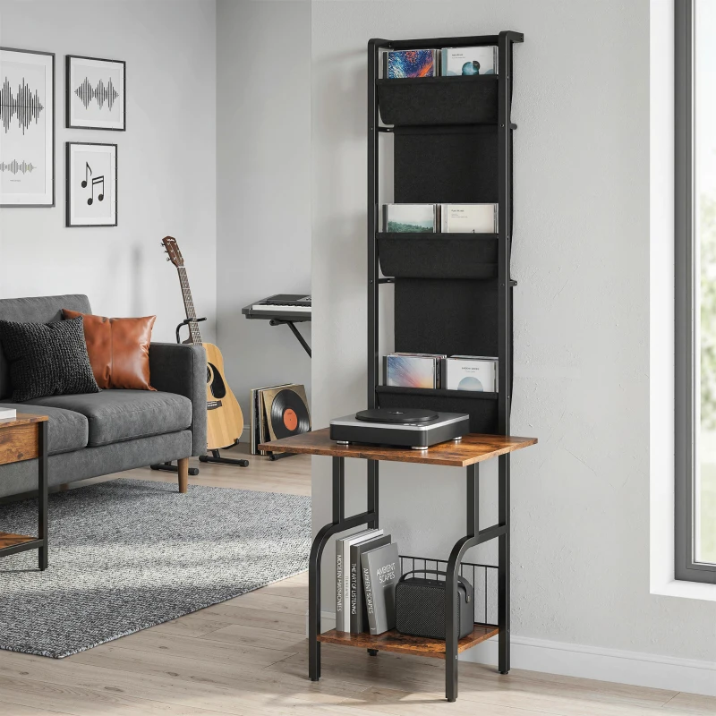 HOMCOM Industrieel CD-rek, CD-opslag, DVD-standaard met 3 Stoffen Opbergvakken en Tafelblad, Rustieke Houtlook in Bruin