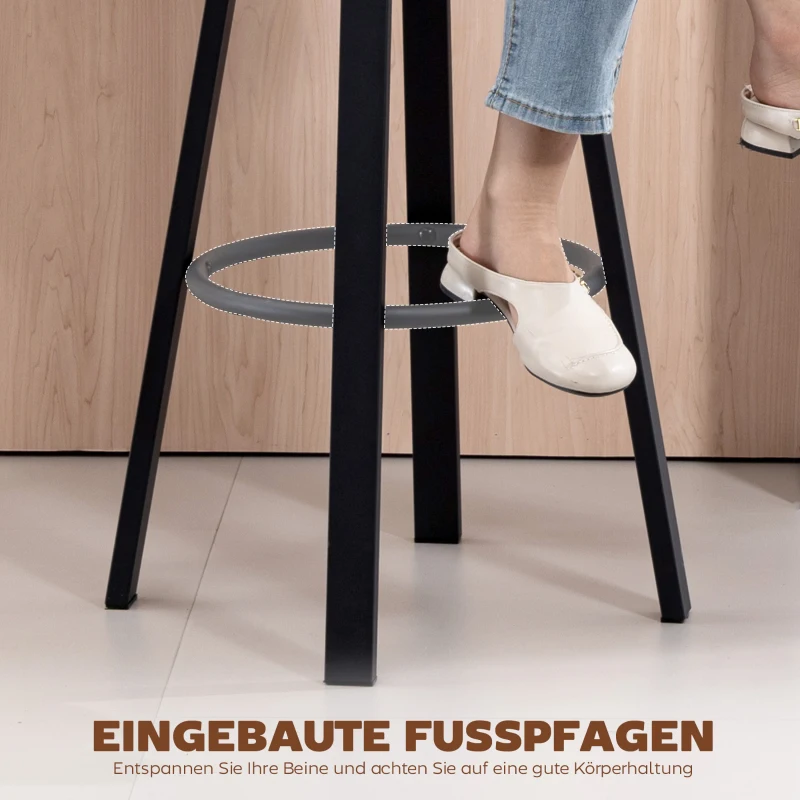 HOMCOM Set de 2 taburetes de bar, tapizado de cuero sintético, asiento acolchado, reposapiés, respaldo, estructura metálica, Negro