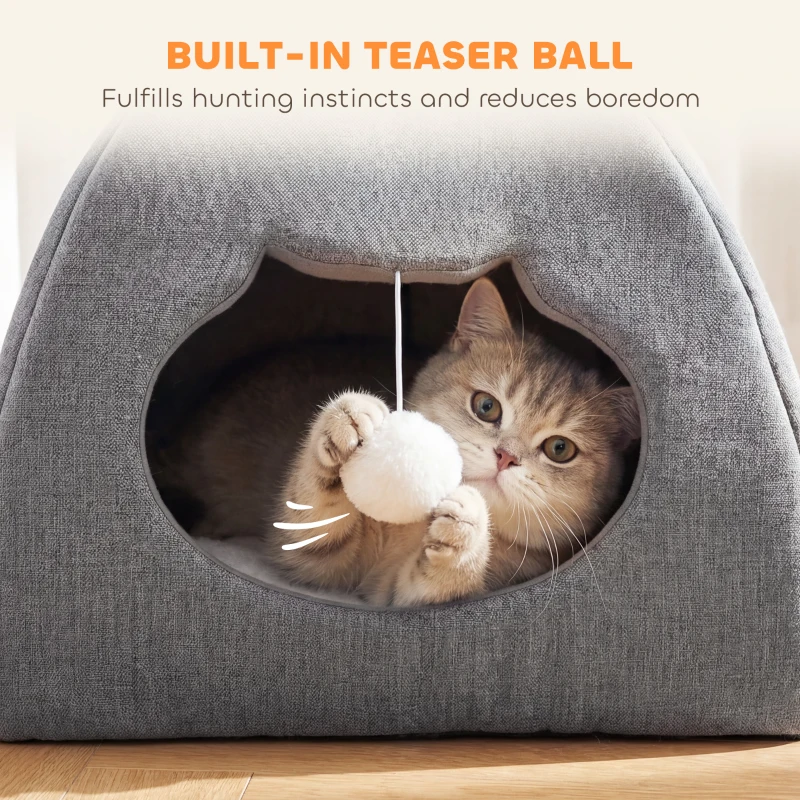 PawHut Cat Cave Bed for Indoor Kittens, Cat House with Removable Cushion and Teaser Ball, Kitty Igloo with Anti-Slip Base, 42 x 42 x 39 cm, Grey