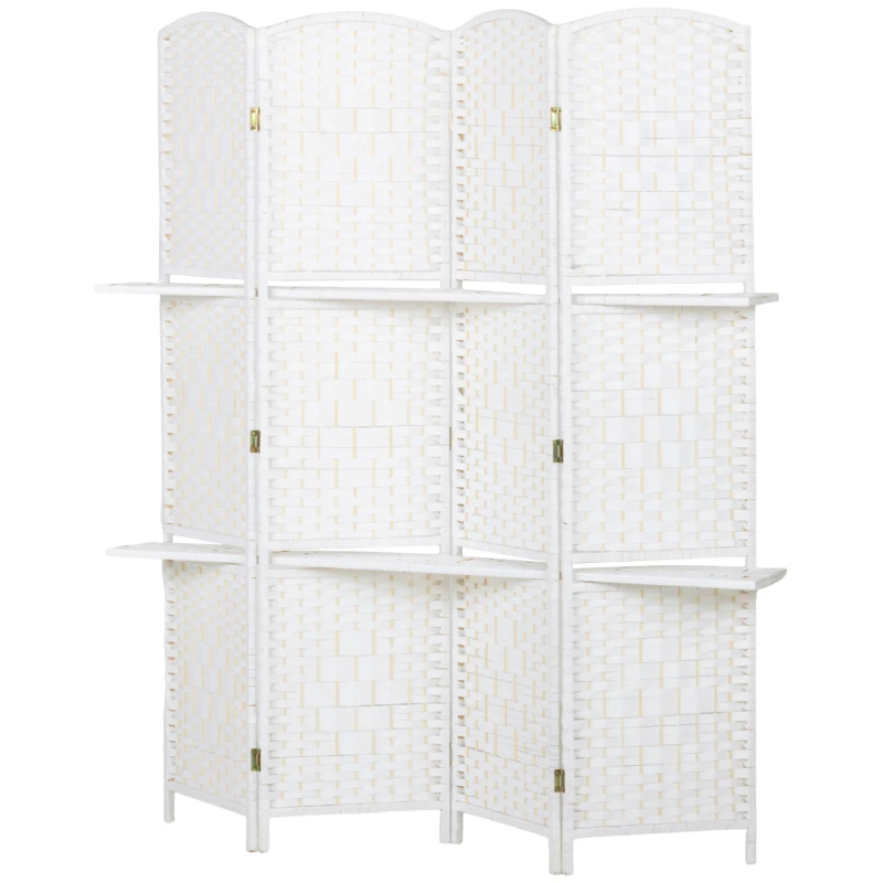 HOMCOM Paravento divisorio pieghevole a 4 pannelli con 2 ripiani, 160x170 cm