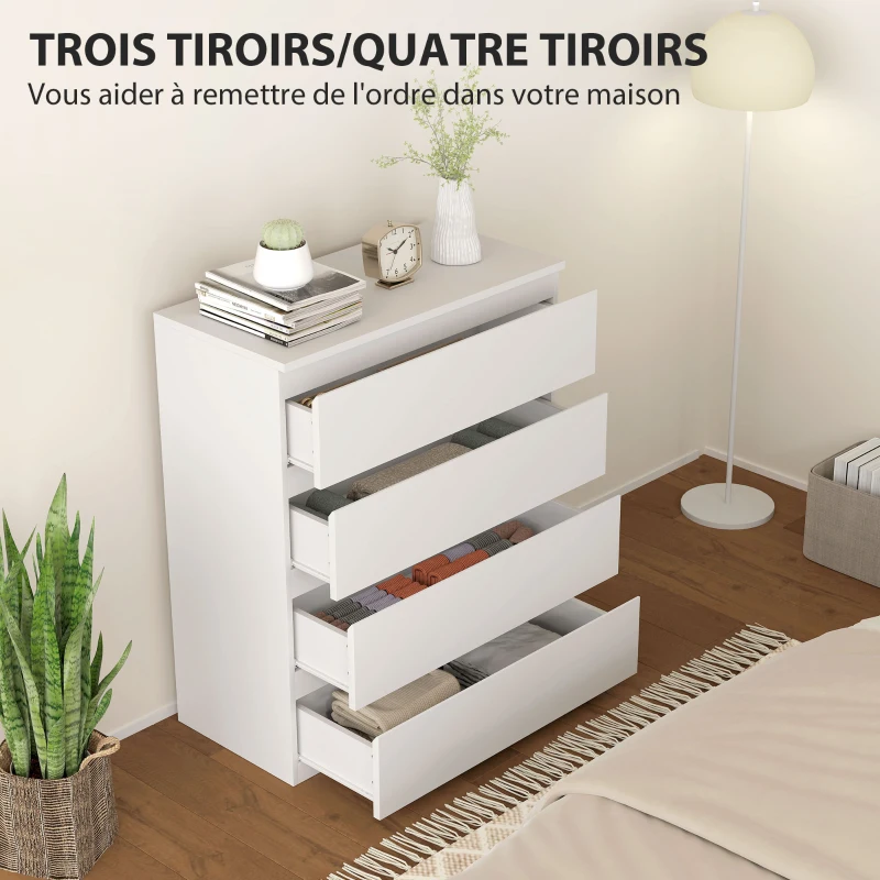 HOMCOM Commode 4 tiroirs, meuble de rangement épuré pour chambre, intérieur, 80 x 39 x 95 cm panneau de particules blanc