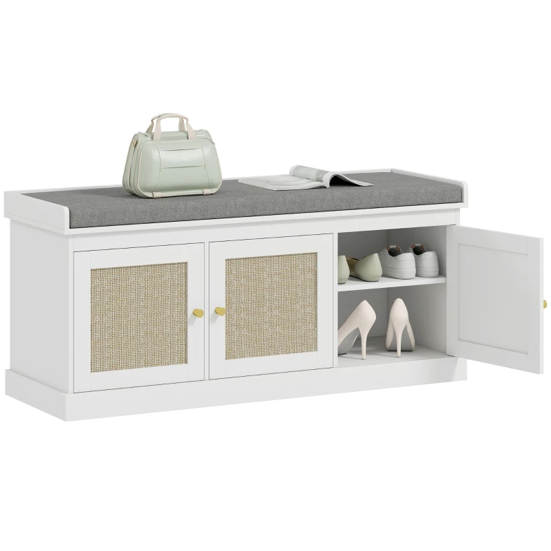 HOMCOM Panca portascarpe 9 paia con 3 ante in rattan e cuscino, 105x35x47 cm, Bianco