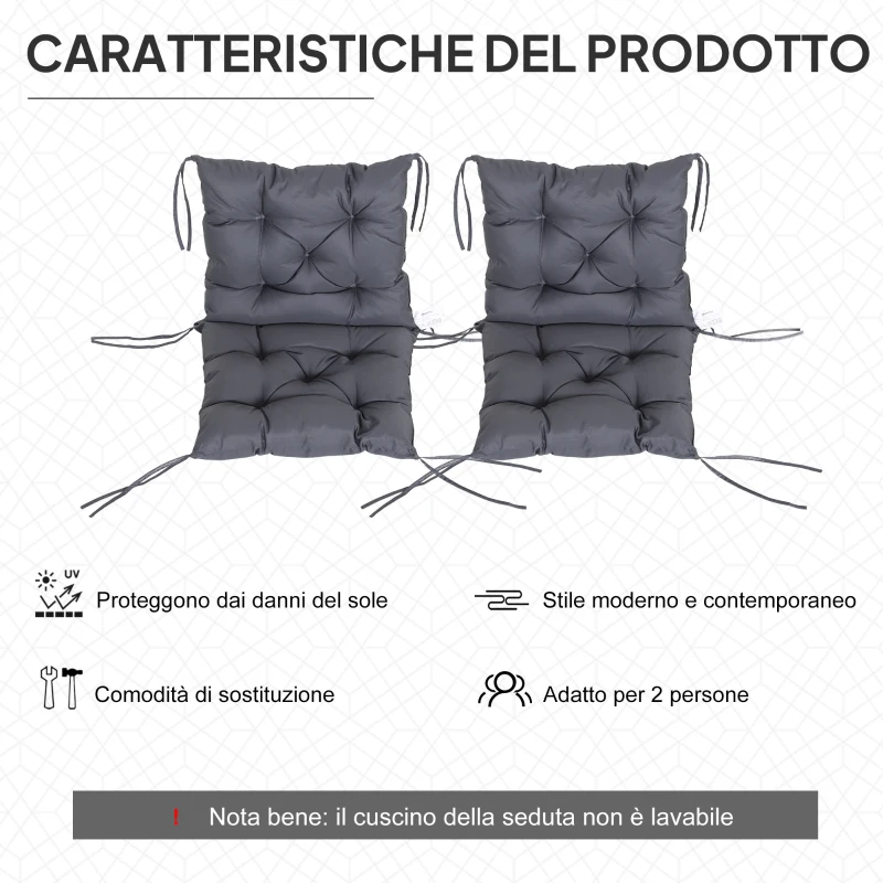 Outsunny Set 2 Cuscini per Sedie da Esterno in Poliestere e Cotone con Lacci, 50x98x8 cm, Grigio