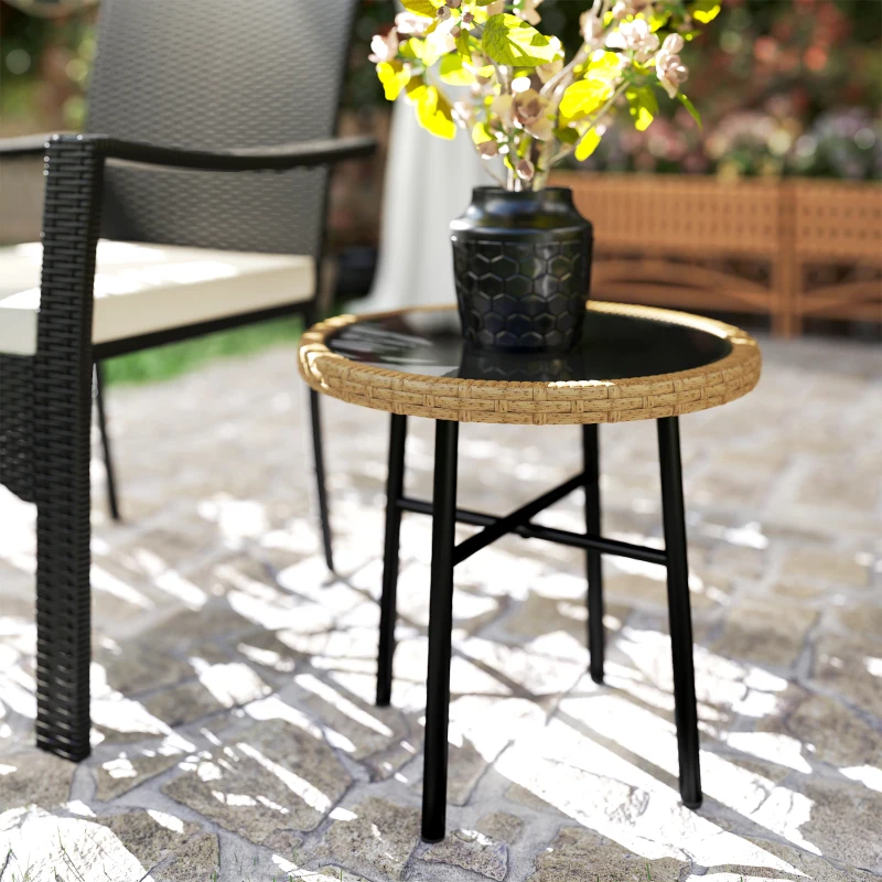 Outsunny Tavolino da giardino rotondo in rattan con piano in vetro, 46x46x43 cm, Naturale