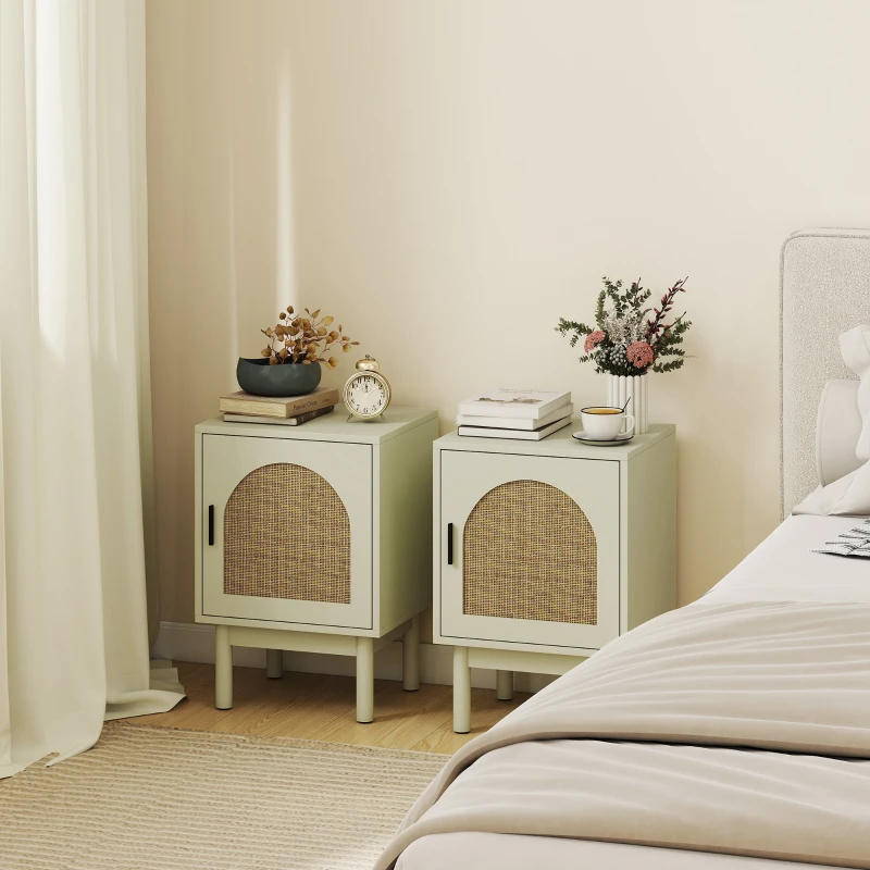 HOMCOM Lote de 2 mesitas de noche, mesita de noche con puerta de resina trenzada, estante regulable 40 x 35 x 58 cm, verde claro