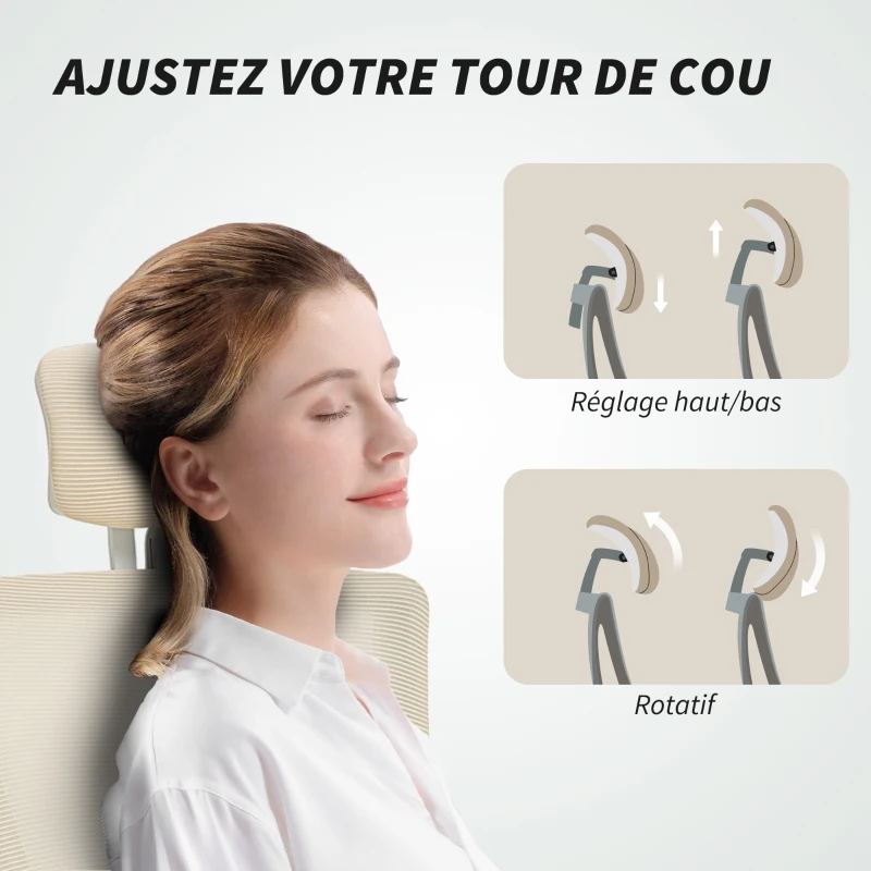 HOMCOM Chaise bureau ergonomique, fauteuil de bureau, accoudoirs relevables, soutien lombaire, appui-tête, 60x63x120cm, beige